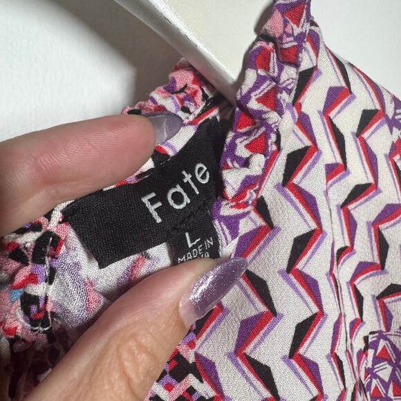 Fate Top Women L Pink Purple Long Sleeve Modest Abstract Ruffle Blouse Career - Picture 4 of 5